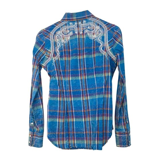 Rock & Roll Cowgirl Blue Plaid Western Snap Button Shirt SZ M Embroidered - Picture 2 of 13